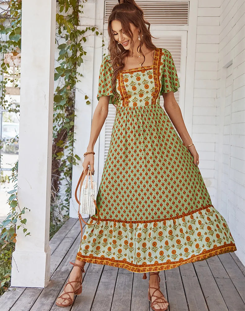 GREEN VINTAGE FLORAL BOHO DRESS