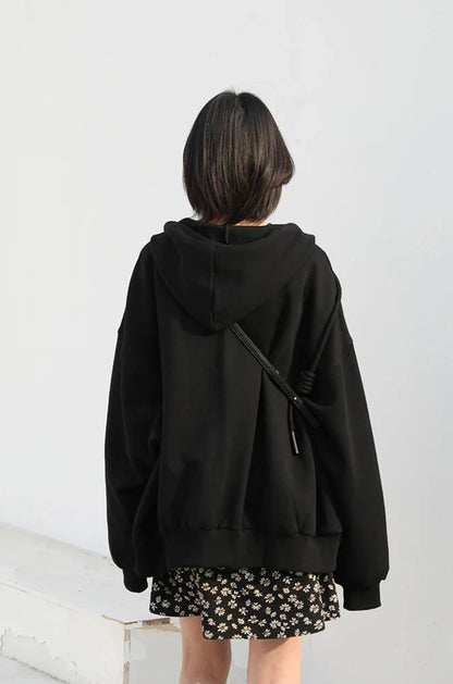 BLACK CASUAL SPORTY ZIP-UP HOODIE