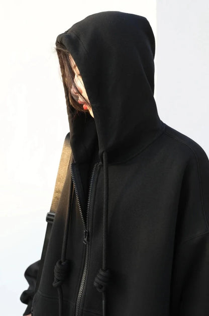 BLACK CASUAL SPORTY ZIP-UP HOODIE