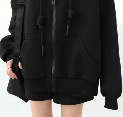 BLACK CASUAL SPORTY ZIP-UP HOODIE