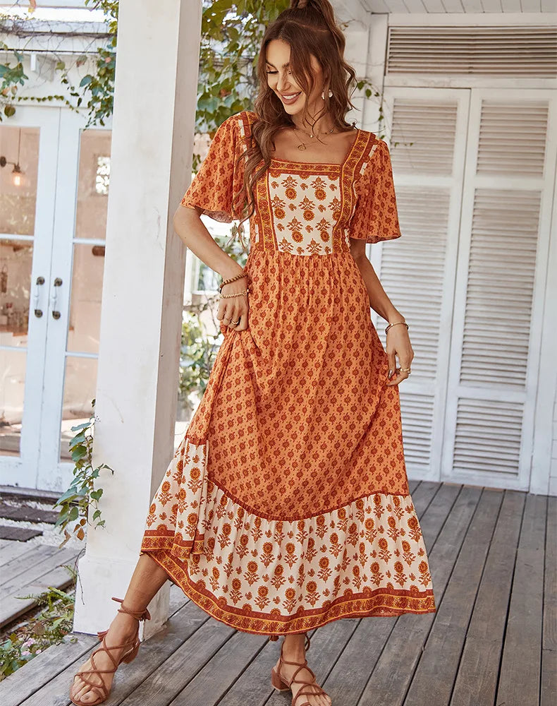 ORANGE VINTAGE FLORAL BOHO DRESS