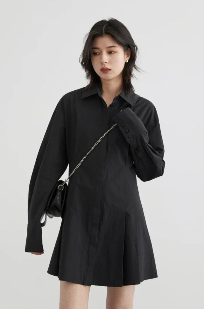 BLACK COTTON A-LINE SHIRT DRESS