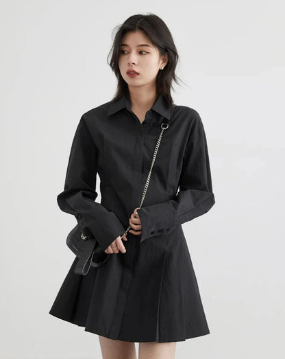 BLACK COTTON A-LINE SHIRT DRESS