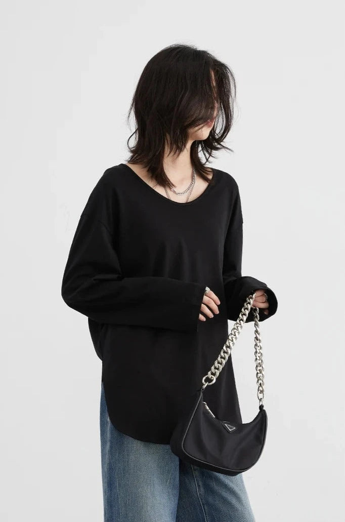 WHITE RELAXED U-NECK LONG SLEEVE TEE