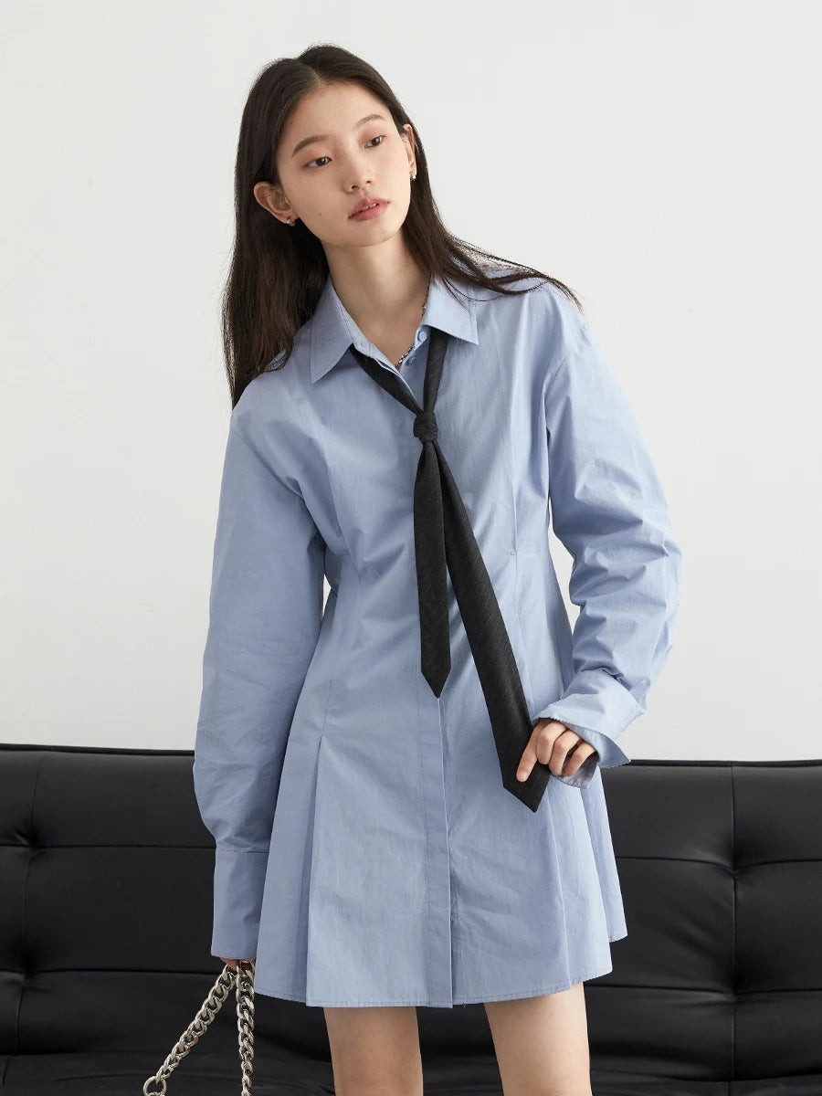 BLUE COTTON A-LINE SHIRT DRESS