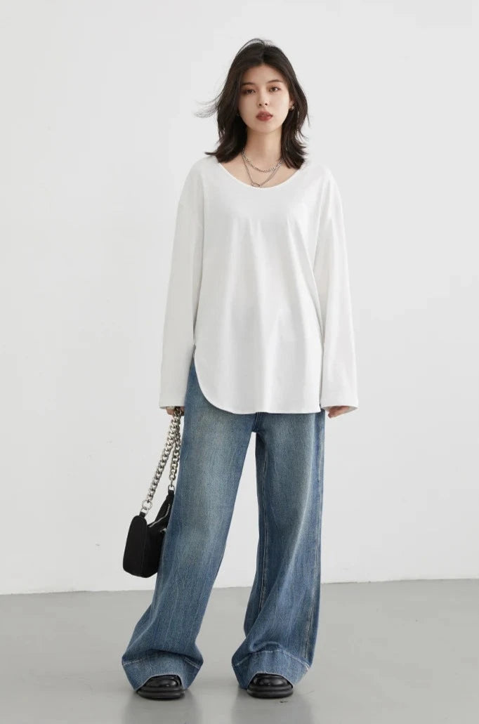 WHITE RELAXED U-NECK LONG SLEEVE TEE