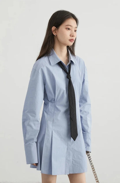 BLUE COTTON A-LINE SHIRT DRESS