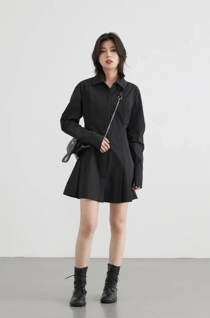 BLACK COTTON A-LINE SHIRT DRESS