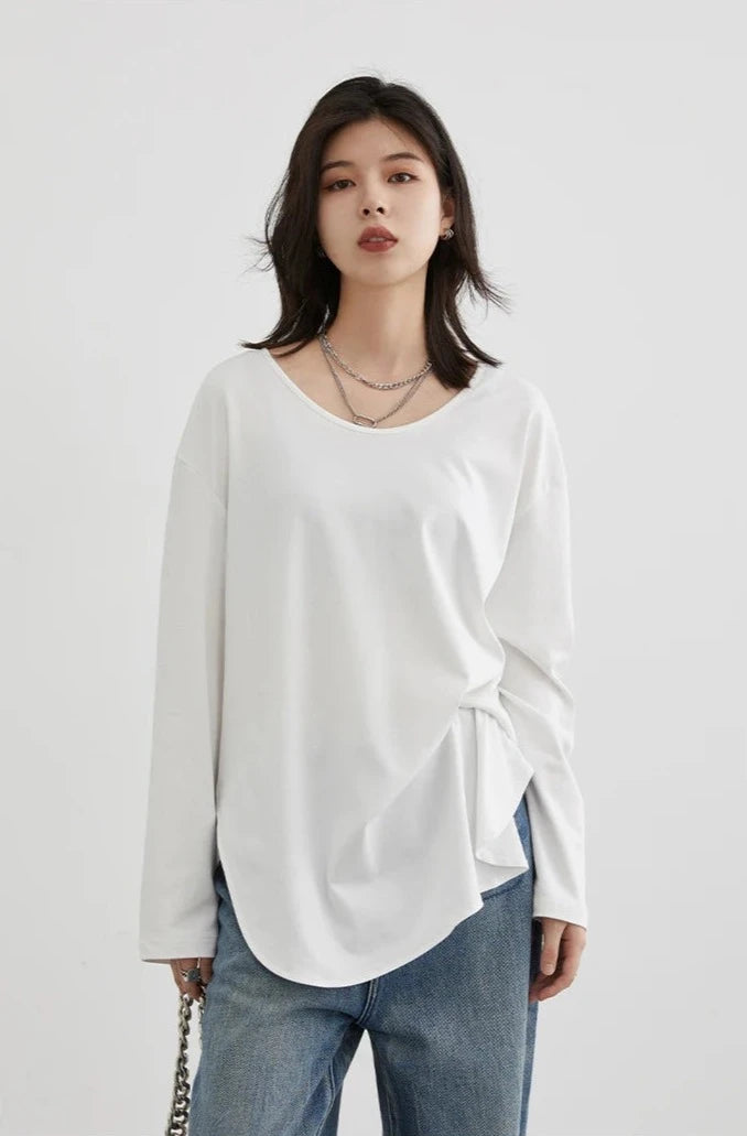 WHITE RELAXED U-NECK LONG SLEEVE TEE