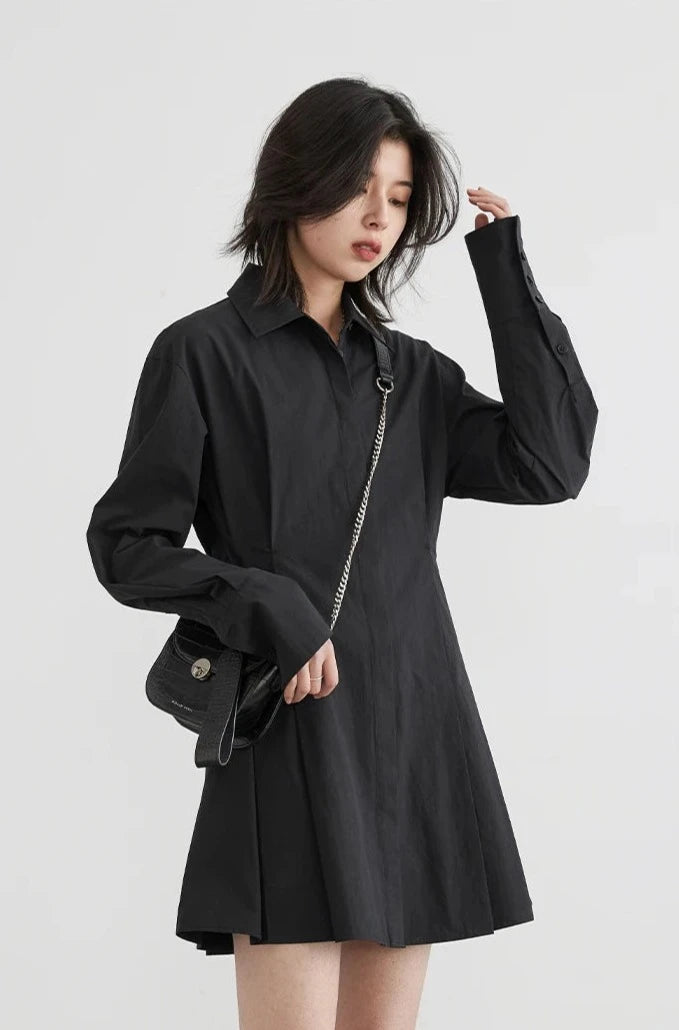 BLACK COTTON A-LINE SHIRT DRESS