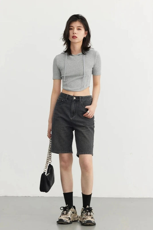 GRAY SOLID HOODED CROP TEE