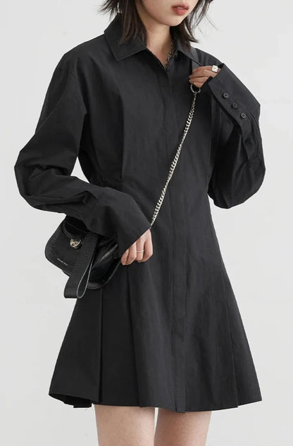 BLACK COTTON A-LINE SHIRT DRESS