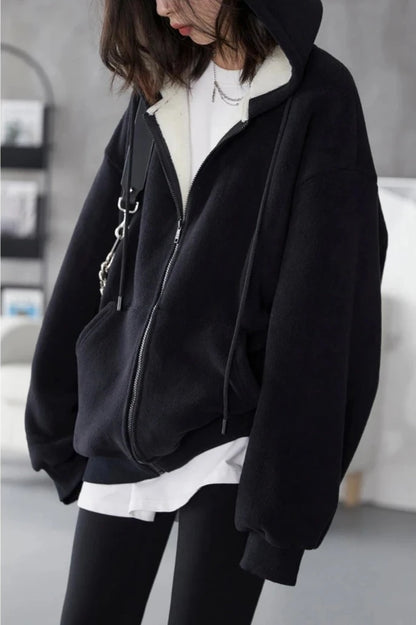 BLACK SOLID PLUSH ZIP-UP HOODIE