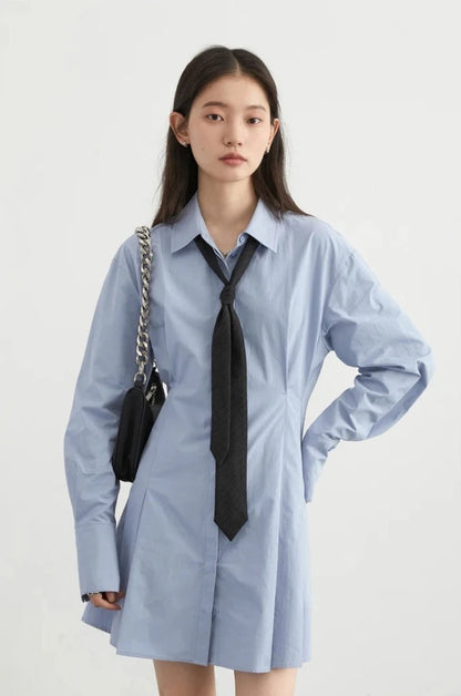 BLUE COTTON A-LINE SHIRT DRESS