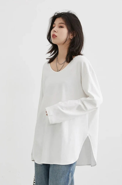 WHITE RELAXED U-NECK LONG SLEEVE TEE