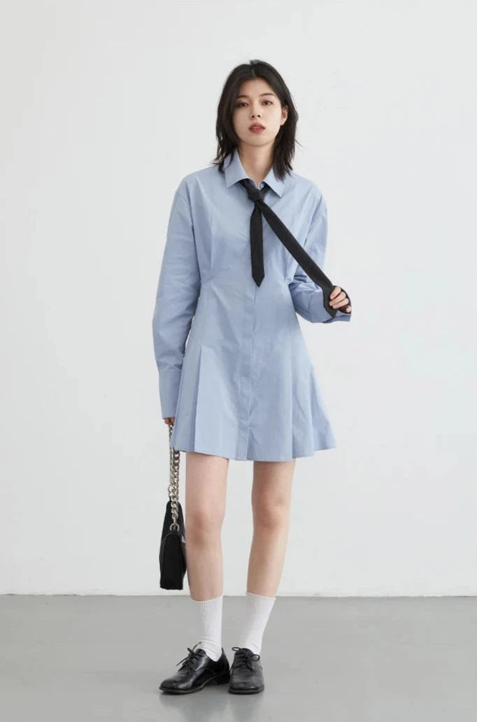 BLUE COTTON A-LINE SHIRT DRESS