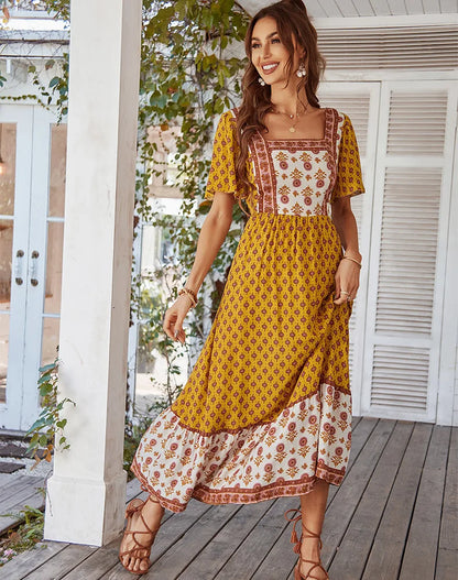 YELLOW VINTAGE FLORAL BOHO DRESS