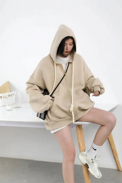 HONEY BEIGE CASUAL SPORTY ZIP-UP HOODIE