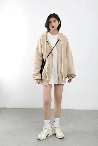 HONEY BEIGE CASUAL SPORTY ZIP-UP HOODIE