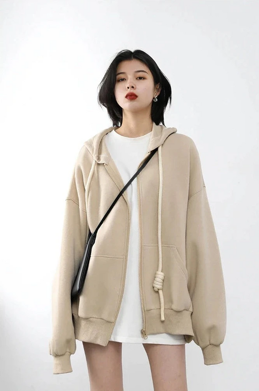 HONEY BEIGE CASUAL SPORTY ZIP-UP HOODIE