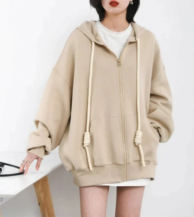 HONEY BEIGE CASUAL SPORTY ZIP-UP HOODIE