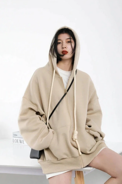 HONEY BEIGE CASUAL SPORTY ZIP-UP HOODIE