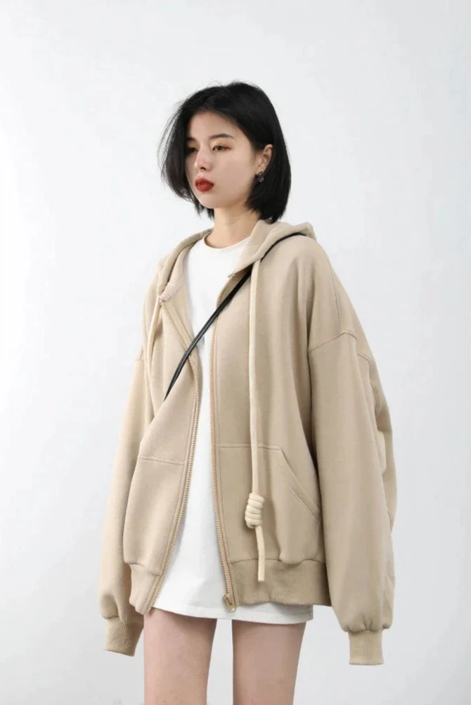 HONEY BEIGE CASUAL SPORTY ZIP-UP HOODIE